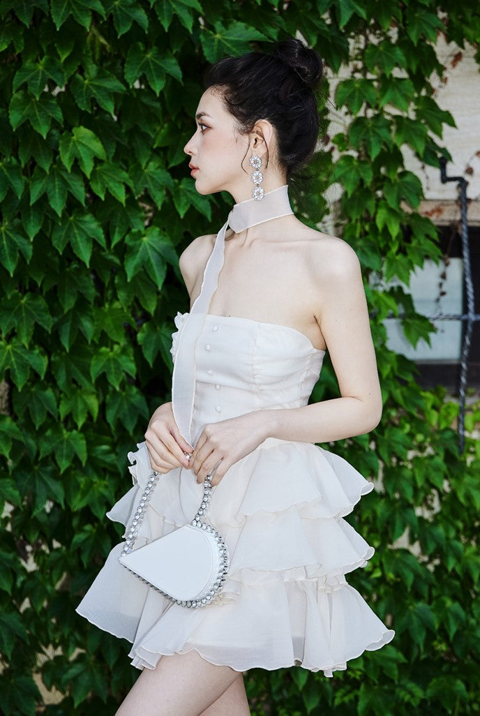 DOLLY Elegant Cream Colored Tube Top Fluffy Ruffle Birthday Dress-ANDORA