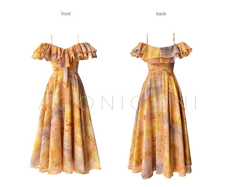 Aconiconi Elegant Oil Painting Square Collar Ruffle cocktail Dress- Floating Light Painting Summer