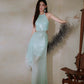 DOLLY Elegant Mint Sleeveless Slim Fit Halter Hollow Long Party Dress-Mint