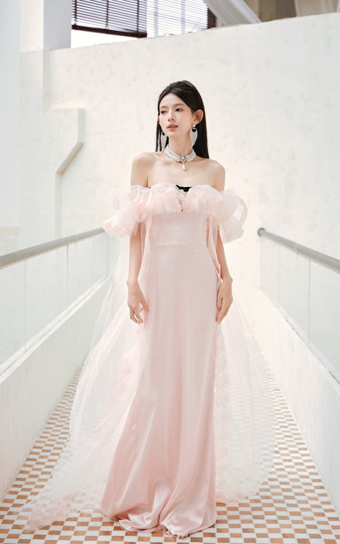 DOLLY Elegant Pastel pink Ruffle Sleeves Long Party Dress- Mina