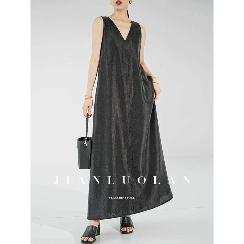 Huanzi custom high-end long sleeveless V-neck dress summer - Miel