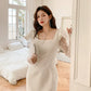 DOLLY Elegant White Square Collar Lace Long Sleeve Midi Banquet Dress-MALOY