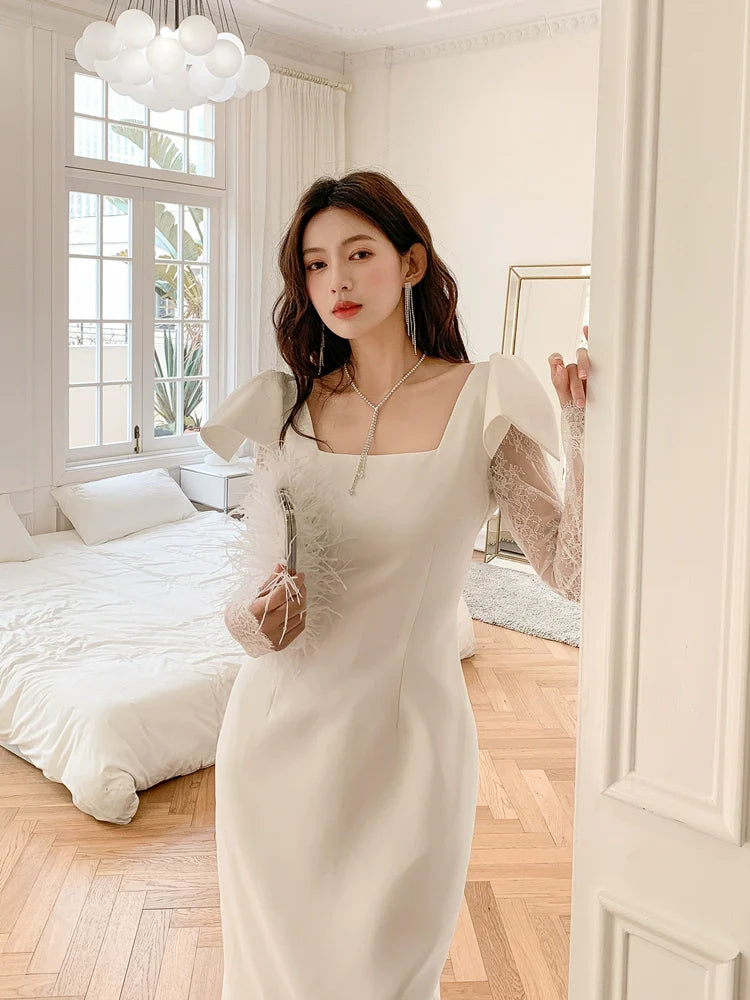 DOLLY Elegant White Square Collar Lace Long Sleeve Midi Banquet Dress-MALOY