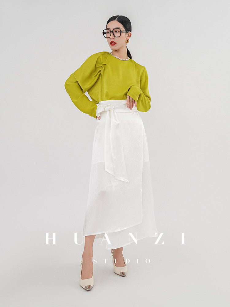 Huanzi silky satin pleated women's spring autumn long-sleeved top blouse - Aniy