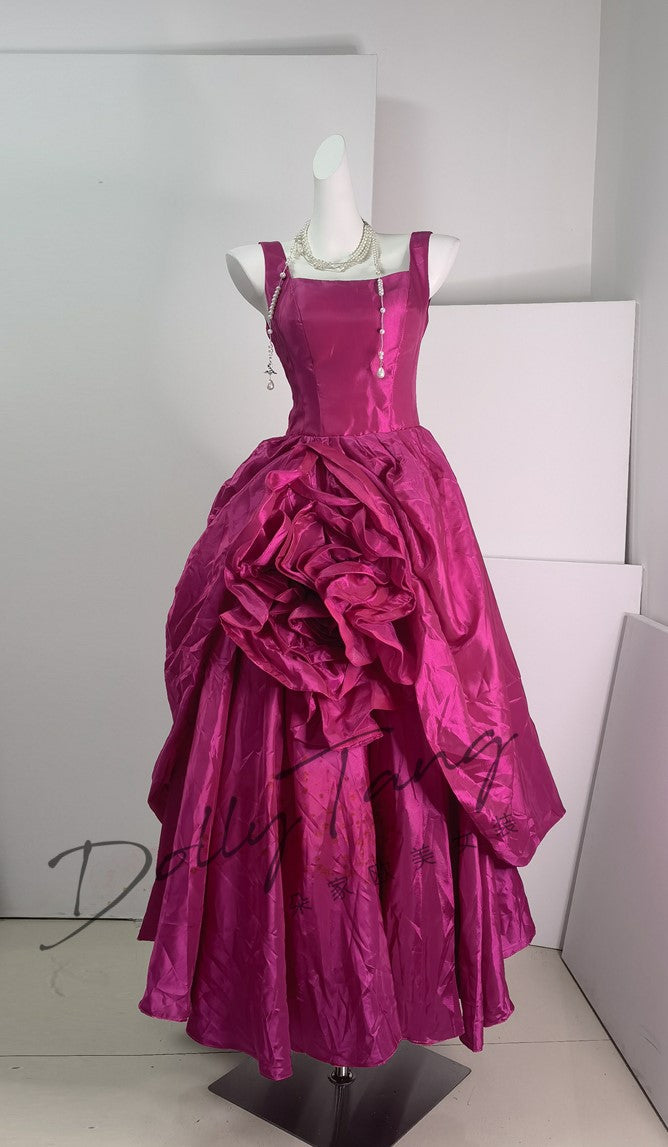 DOLLY High End Rose Square Collar Sleeveless Handmade Flower Long Dinner Dress-RITA
