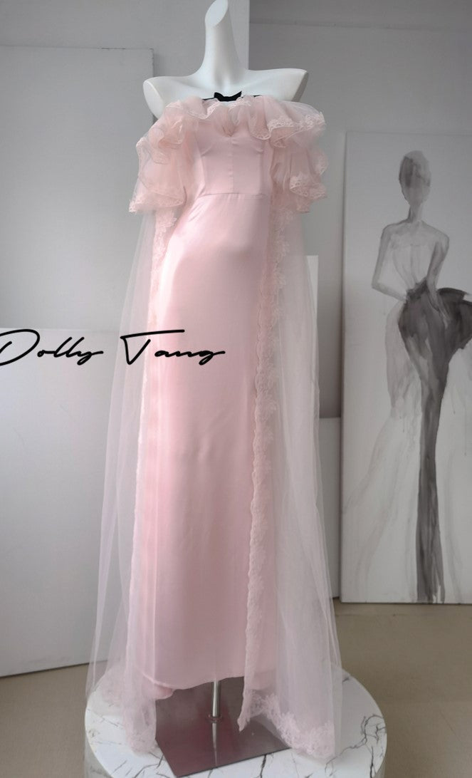 DOLLY Elegant Pastel pink Ruffle Sleeves Long Party Dress- Mina