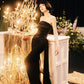 DOLLY Luxury Black Pleated Chest Wrap Off Shoulder High Waist Long Evening Dress-ZOE