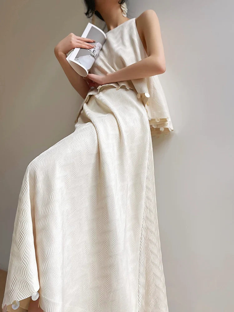 Aconiconi Elegant Beige Crew Neck Top/ High Waist Loose Long Skirt- Sea of Clouds Wind Chime