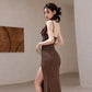 DOLLY Luxury Coffee Brown Sequin Sleeveless Long Slit Banquet Dress-Rola