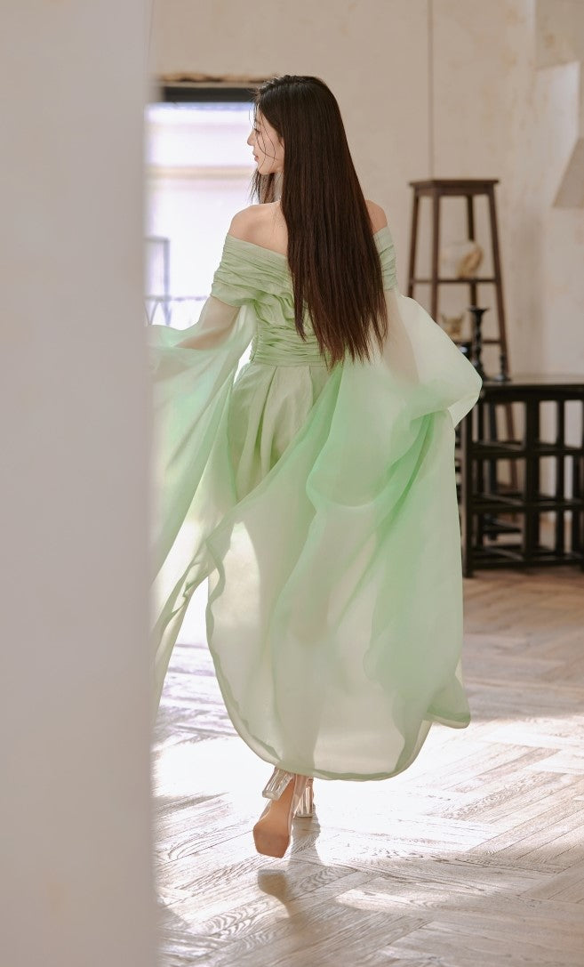 DOLLY High End Green ombre Off Shoulder Puff Sleeves Pleated Tutu Dress- Tulip