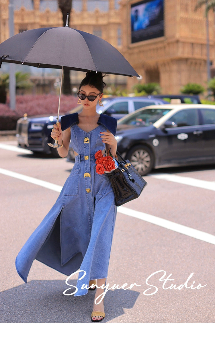 Elegant denim large lapel collar, cut-out waist summer slit long jean denim dress