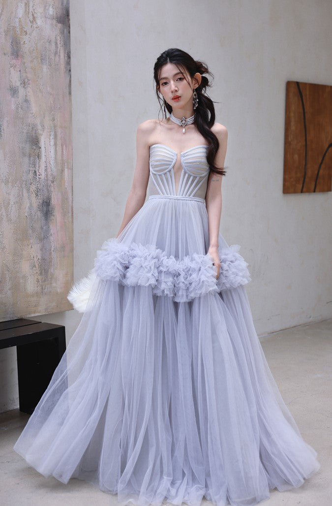 DOLLY Elegant Fog Blue strapless Bandeau High Waist Tutu wedding Dress- vero