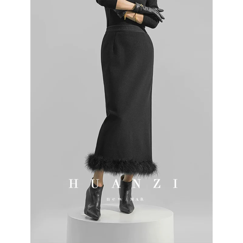 Huanzi custom ostrich black long pencil high-waisted skirt - Jei