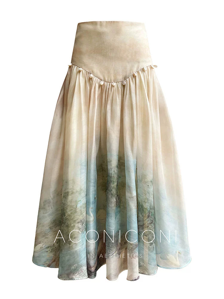 Aconiconi| Louvre Picture Reflection printed halter neck maxi skirt vacation dress - Miinia