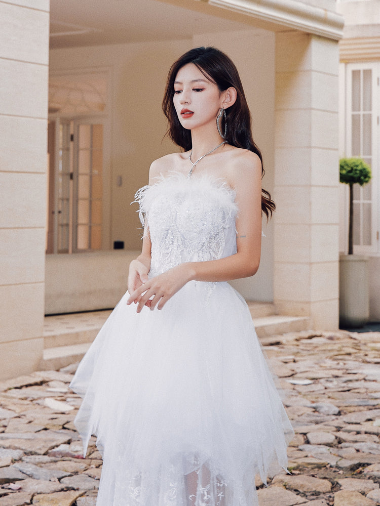 DOLLY Elegant Sleeveless Feather Tube Top Embroidery Long Tutu wedding Dress-KYLIE