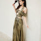 DOLLY Luxury Retro Gold Sleeveless Halter High Waist Long Slit Dress-Goldie