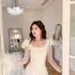 DOLLY Elegant White Square Collar Lace Long Sleeve Midi Banquet Dress-MALOY