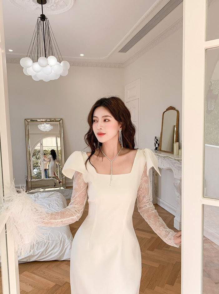 DOLLY Elegant White Square Collar Lace Long Sleeve Midi Banquet Dress-MALOY