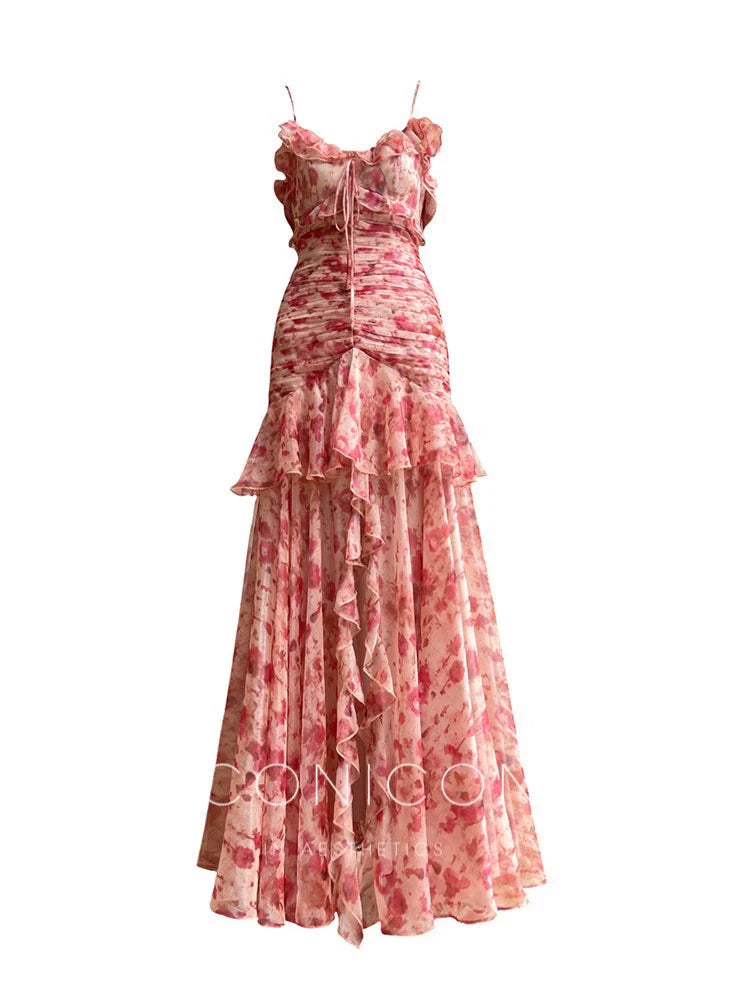 Aconiconi Elegant French Rose Color V-Neck Sleeveless Floral Dinner Dress- Atami Rose