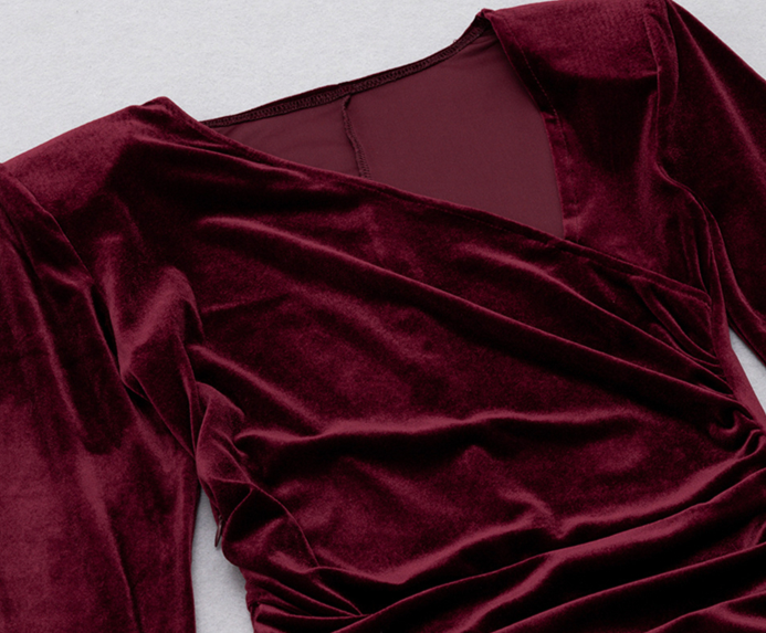 DOLLY Elegant Burgundy V-Neck Long Sleeve Velvet Long Slit Formal Dinner Dress-HAZEL