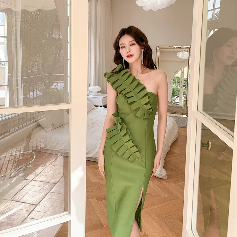 DOLLY Elegant Green Off Shoulder Tube Top High Waist Slit Dinner Dress-MEL