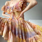 Aconiconi Elegant Oil Painting Square Collar Ruffle cocktail Dress- Floating Light Painting Summer