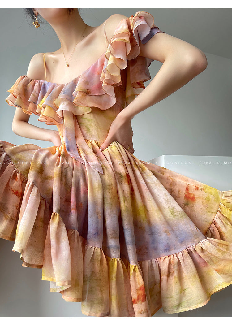 Aconiconi Elegant Oil Painting Square Collar Ruffle cocktail Dress- Floating Light Painting Summer