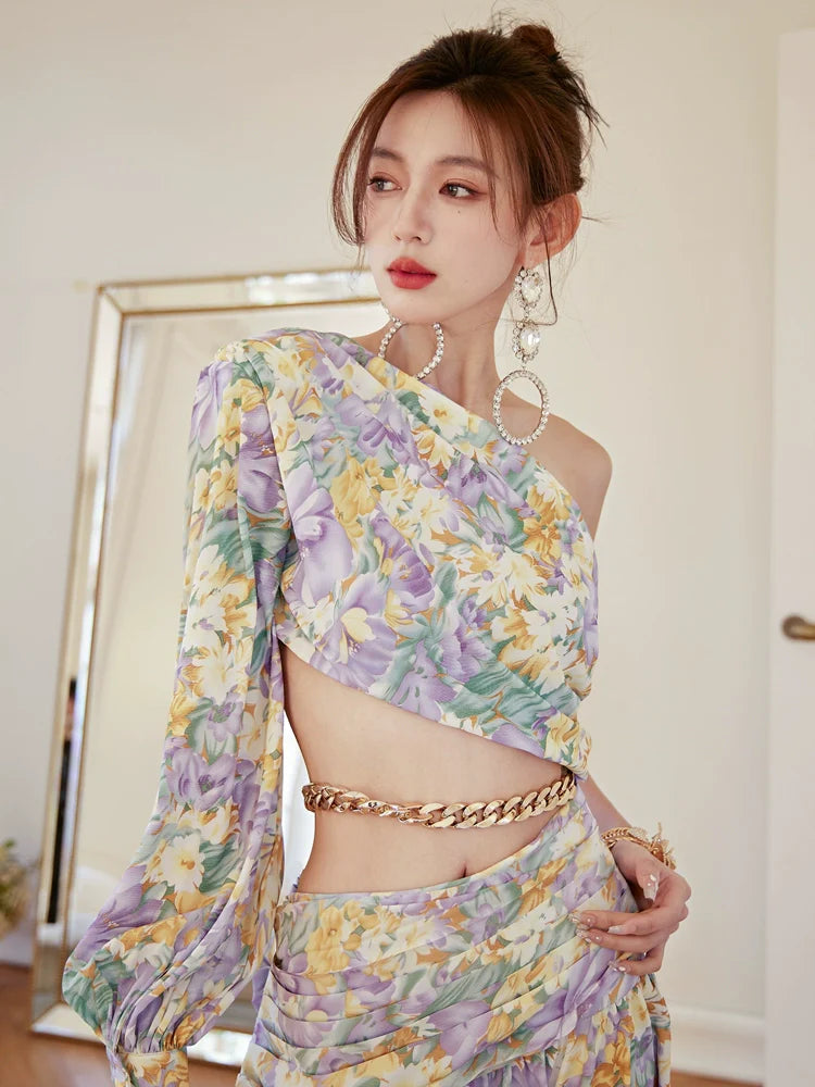 DOLLY Luxury Floral One Sleeve Off Shoulder Waist Baring Slit Resort Dress-LYRA