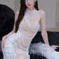 DOLLY High End Off White Halter Neck Pearl Handmade wedding bridal Dress-Kiki