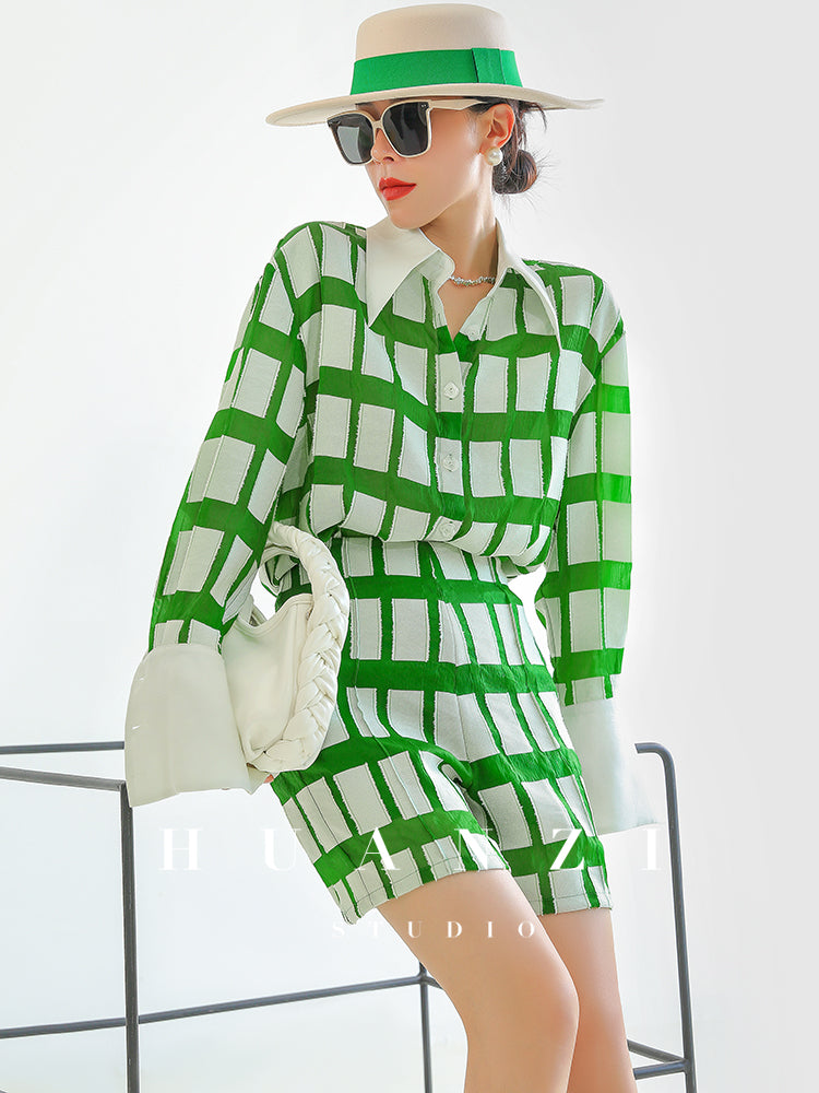 Huanzi jacquard plaid brushed green high waist short shirt - Guk