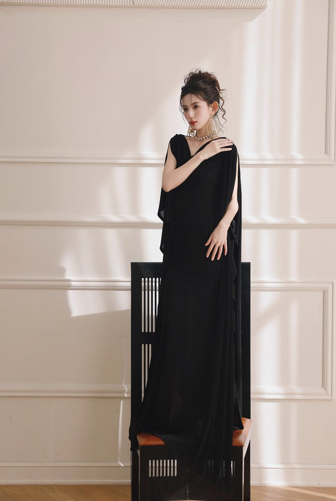 DOLLY Elegant Black Swing Collar Sleeveless Open Back Drape Dress-Kaka (V)