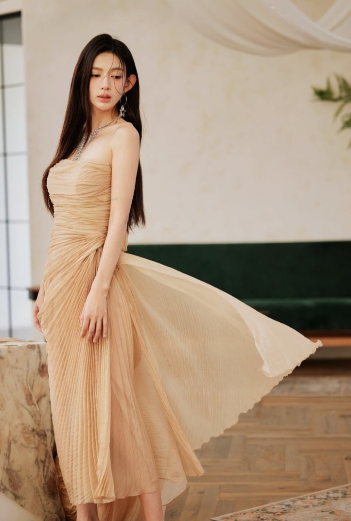 DOLLY High End Apricot Sleeveless Bandeau Slim Fit Pleated Cocktail Dress- Samai