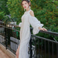 DOLLY Elegant White Retro Style Crew Neck Bubble Sleeves Long Slit Dress-RAIN