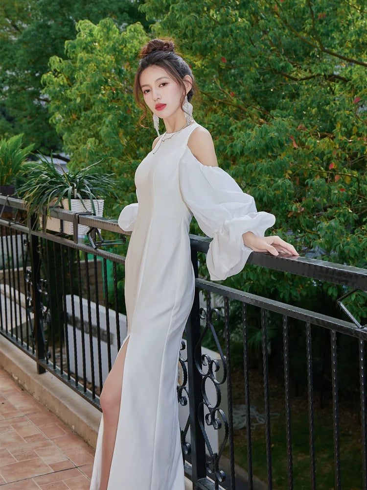 DOLLY Elegant White Retro Style Crew Neck Bubble Sleeves Long Slit Dress-RAIN