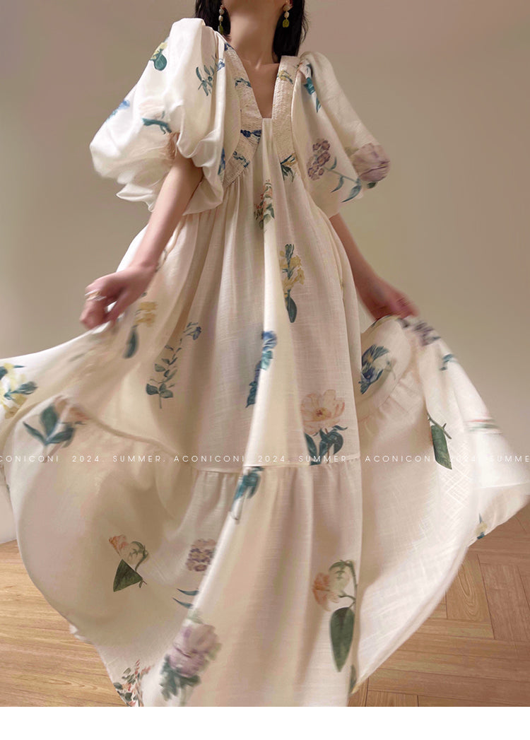 Aconiconi Elegant  Retro Floral Print V-Neck Short Sleeve Holiday Long Dress-Tingting Qingyao