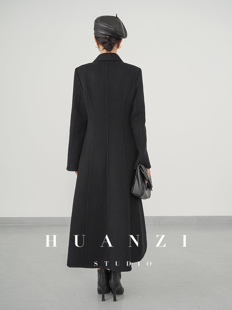 Huanzi double-sided cashmere women's black wool autumn winter coat - Muinw