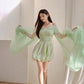 DOLLY High End Green ombre Off Shoulder Puff Sleeves Pleated Tutu Dress- Tulip