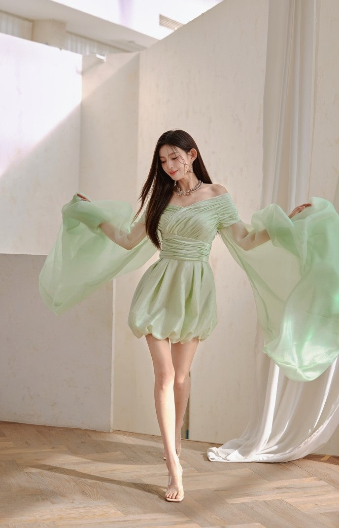 DOLLY High End Green ombre Off Shoulder Puff Sleeves Pleated Tutu Dress- Tulip