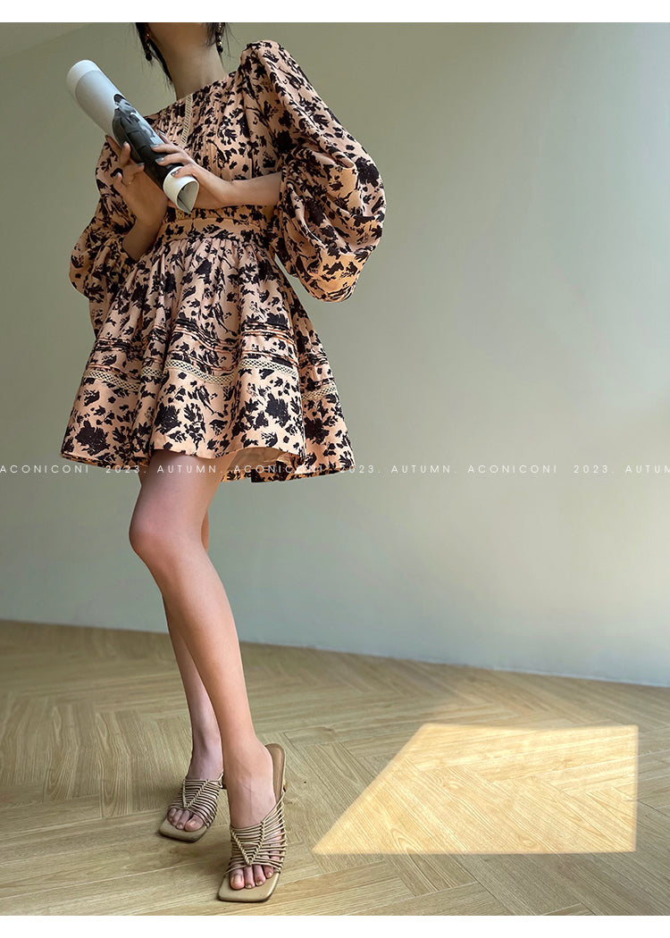 Aconiconi| French print high-end balloon sleeve top dress - Lin Yingyu