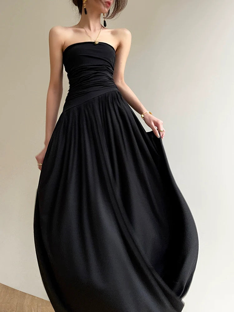 Aconiconi Elegant Black strapless Long Tube Top Dinner Dress  - Hibiscus evening