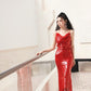 DOLLY Elegant Red French Sleeveless Sequin Backless Long Cocktail Dress-Quin