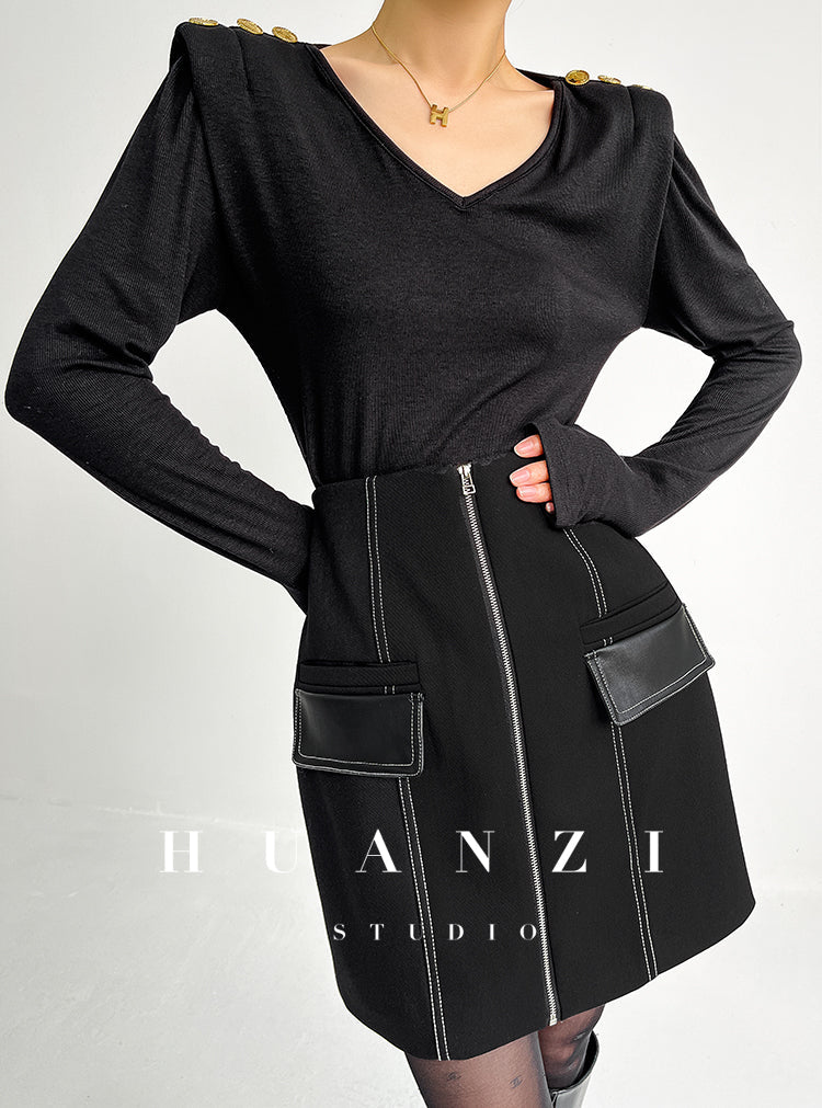 Huanzi  Autumn winter foreign style zipper high-waist skirt - Riwre