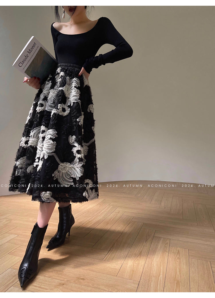 Aconiconi Elegant Black Retro Flower Embroidered High Waist Midi Skirt- Cedar Late Forest