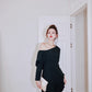 DOLLY Luxury Black Pleated One Shoulder Long Sleeve Irregular Midi Dress-RAIN