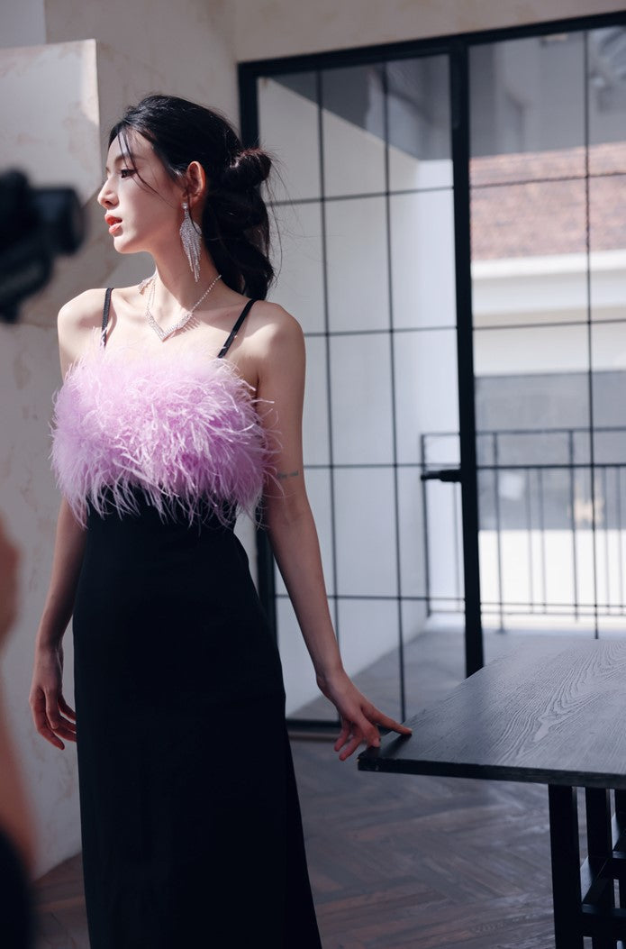 DOLLY Elegant Black Fluffy Feather backless Long Date Dress-JAS