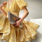 Aconiconi Elegant Yellow V-NeckPuff Sleeve Vacation Dress- Manshan