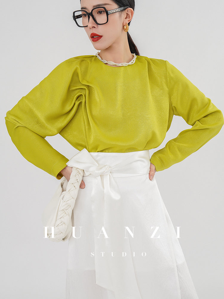 Huanzi silky satin pleated women's spring autumn long-sleeved top blouse - Aniy