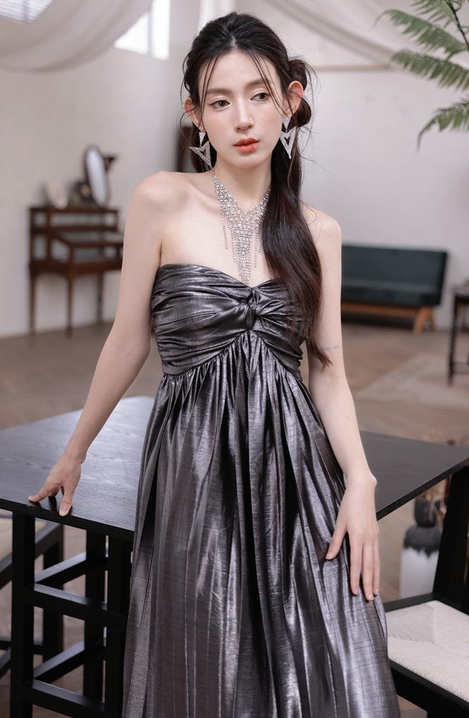 DOLLY Luxury Metallic Ash Pleated Tube Top Long Slit Dress-VIVA