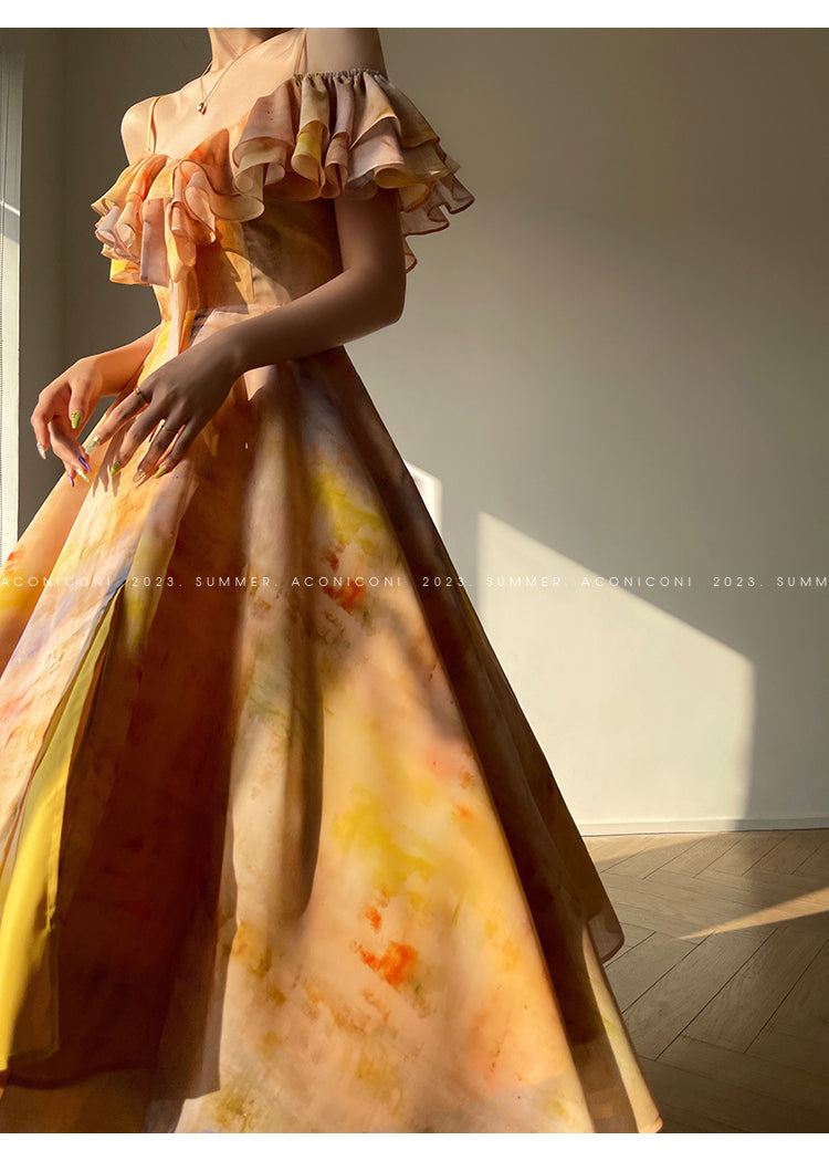 Aconiconi Elegant Oil Painting Square Collar Ruffle cocktail Dress- Floating Light Painting Summer