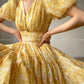 Aconiconi Elegant Yellow V-NeckPuff Sleeve Vacation Dress- Manshan